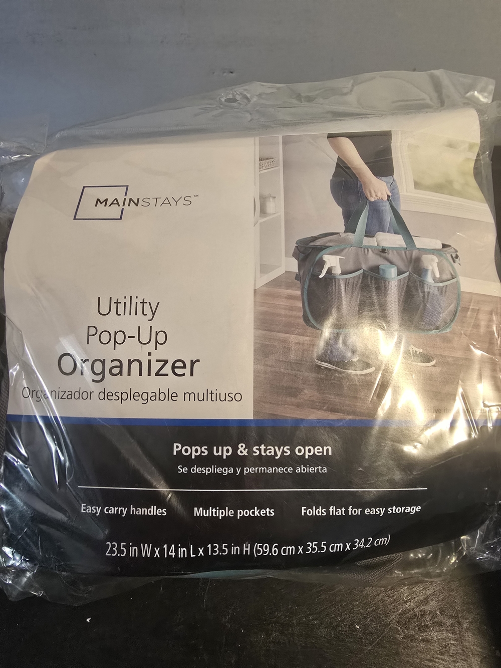 Mainstays Gray Pop-Up Utility Organizer Tote with Teal Handles